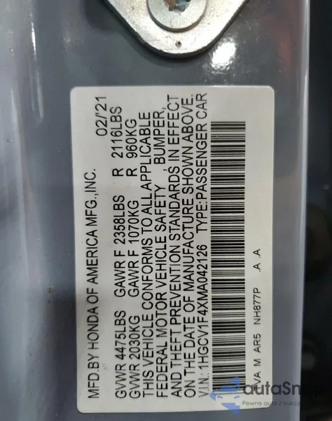 2021 Honda Accord Sport Se из США, поврежденный, VIN 1HGCV1F4XMA042126